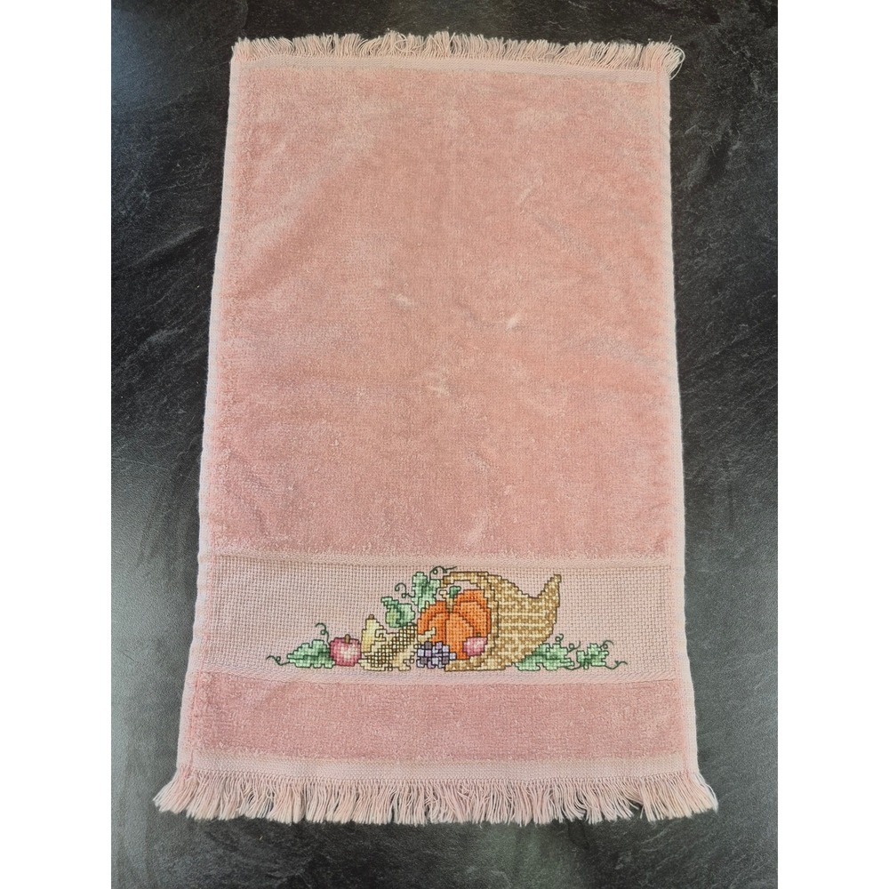 Vintage Pink Hand Towel Cross Stitch Cornucopia Harvest Thanksgiving Fringed